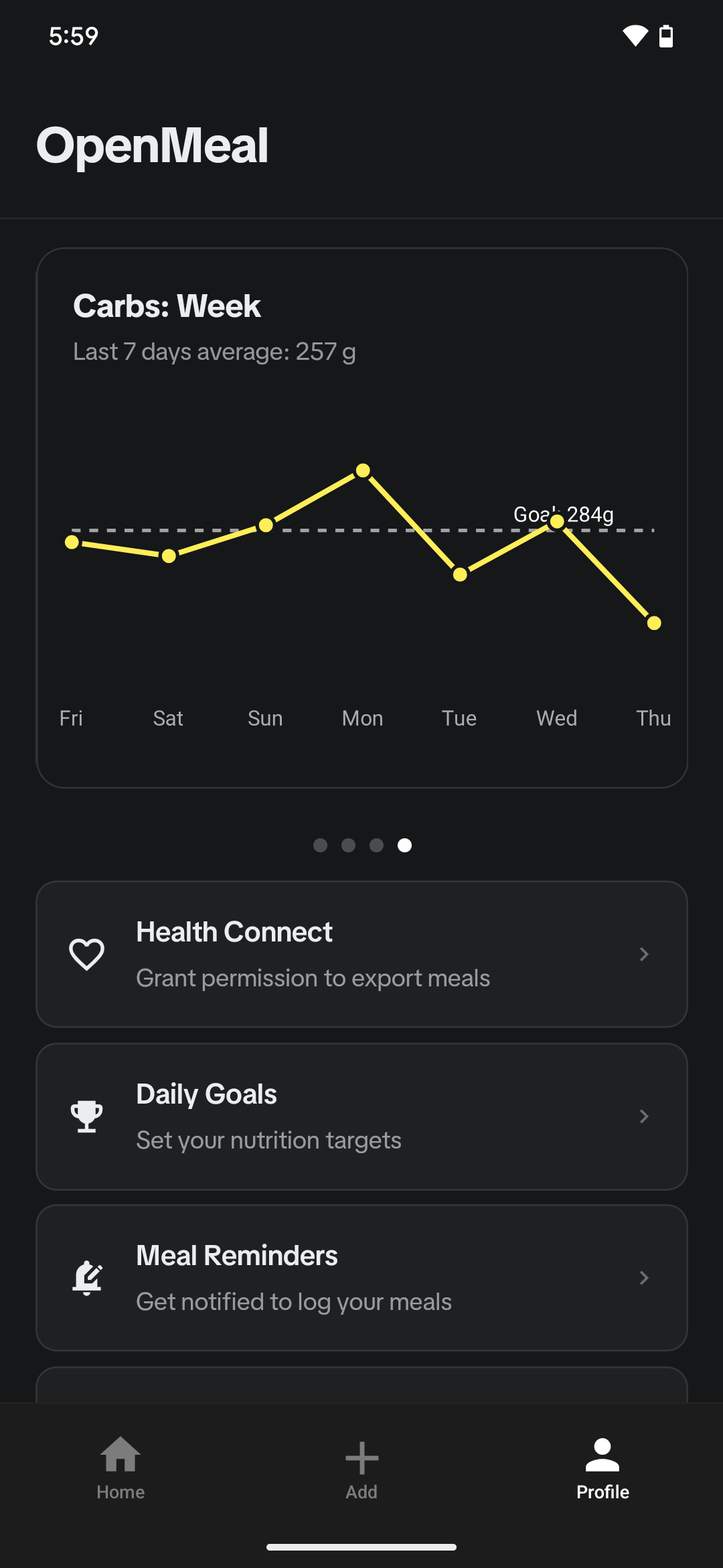 Profile tab; showing Carbs: Week chart